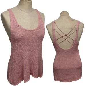 Y2K American Eagle S Pink Crochet Knit Top Criss Cross Coastal Rom Com Coquette